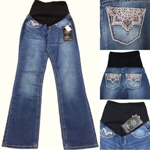 NWT LOVE INDIGO Maternity Pull-on Jeans Rhinestone Pockets SIZE Small
